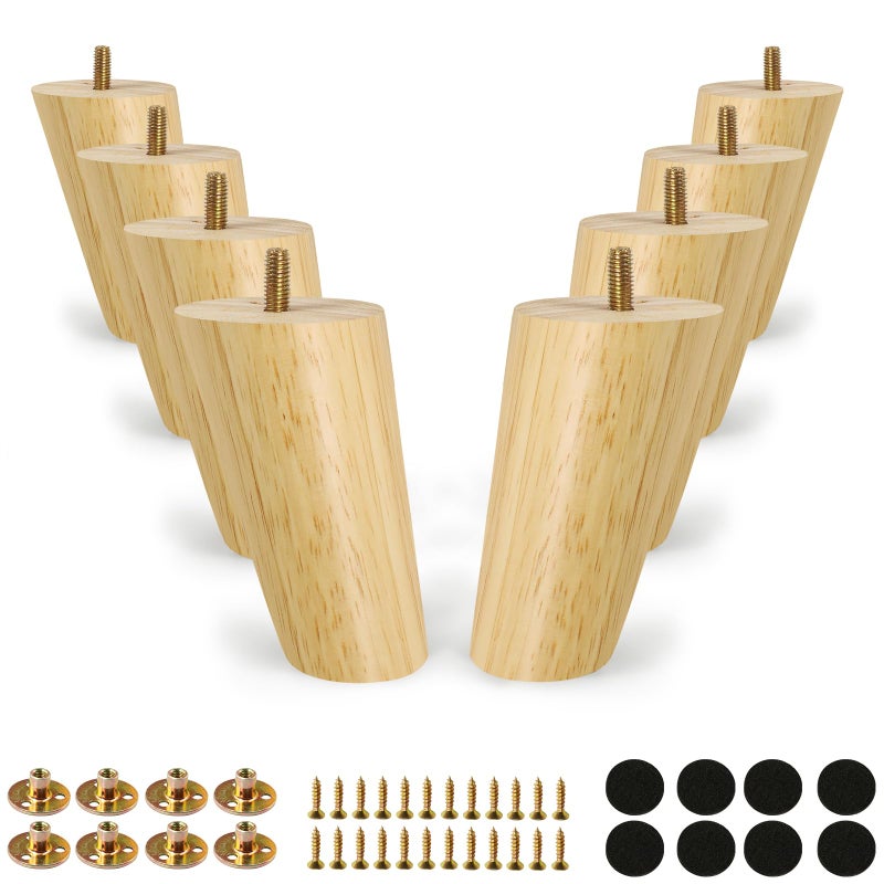 FoDau770 Rubber Wood Furniture Legs 4 Inches, Slant Tapered Wood Legs Mid Century Sofa Legs Set of 8, 5/16"" UNC Furniture Feet Replacement Legs for Cabinet Sofa Couch Dresser Chair Ottoman Table - Image 1